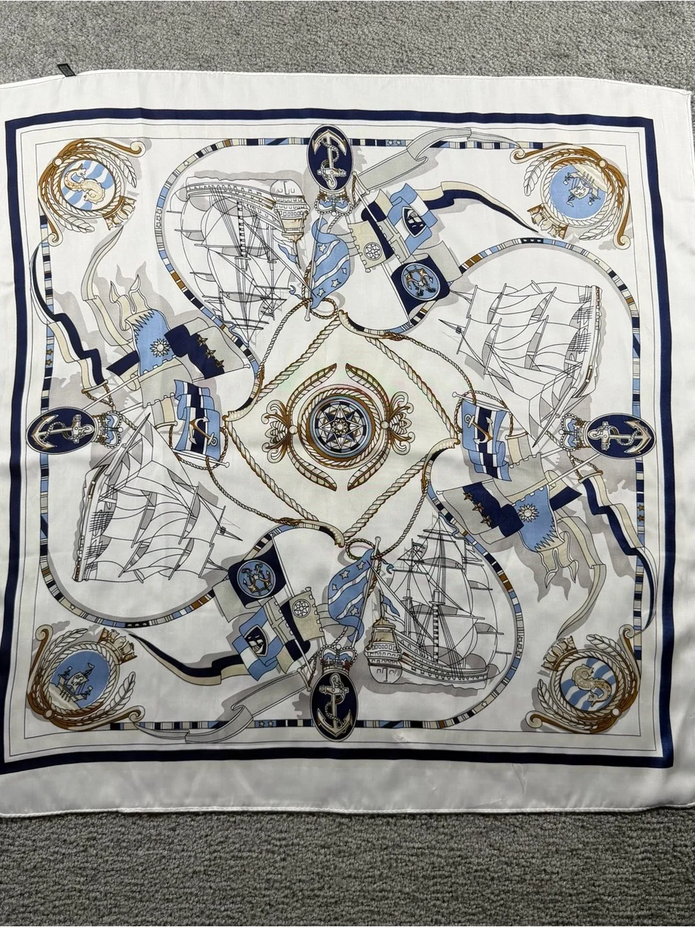 Source Unknown Nautical-Print Silk-Feel Neck Scarf in White, Navy & Gold